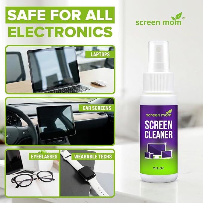Screen Mom Screen Cleaner Spray 2oz Bottle for TV, Car, Laptop & Computer | Streak-Free Formula, Glass & OLED Safe, Alcohol and Ammonia Free Formula, Includes 2 Microfiber Cloths, Travel-Friendly Size