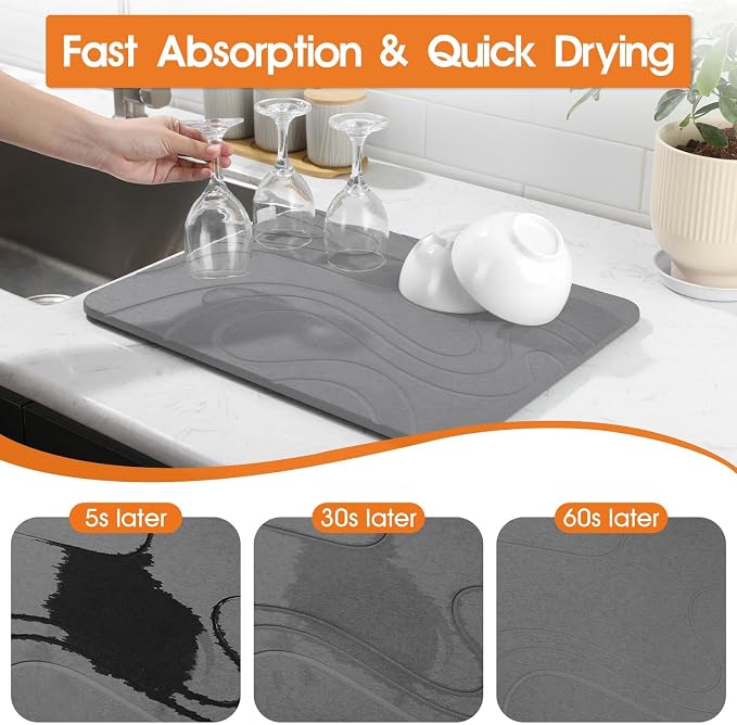 Snuggery Large Stone Drying Mat for Kitchen Counter - 24"x16" Dirt-Resistant Quick Drying Fast Absorbent Non-Slip Diatomite Mat, Natural Diatomaceous Earth Dish Drying Pad for Dish Rack(Dark Grey)