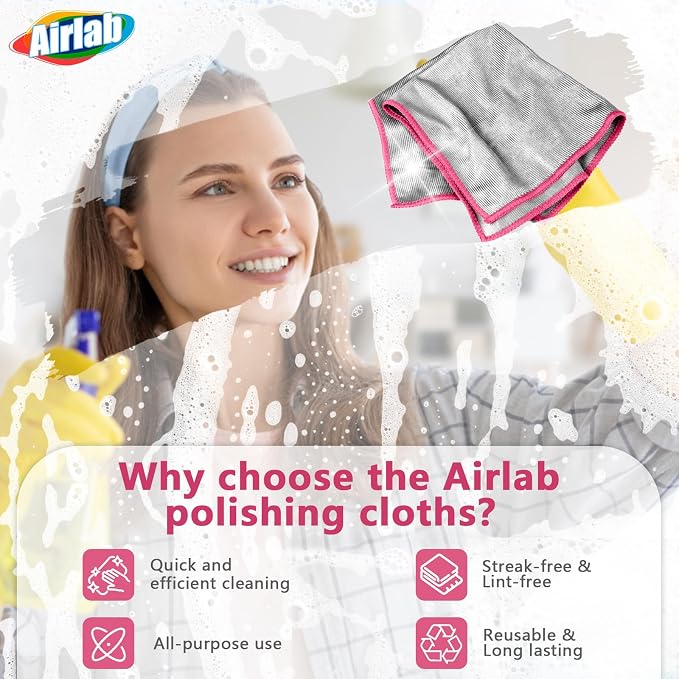 Airlab Glass Polishing Streak Free Miracle Cleaning Cloth, Sliver-Pink | Lint Free Microfiber Cleaning Rags for Glasses Kitchen Dish Mirrors Easy Clean, 12 x 12 Inches, Pack of 6
