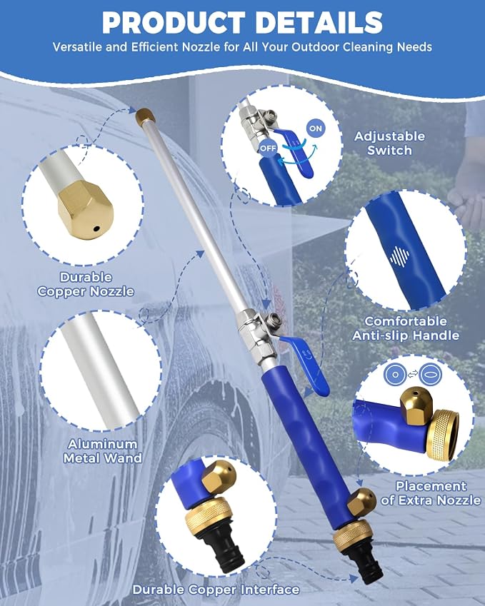Jet Nozzle Power Washer for Garden Hose With Quick Connect Flexible Wand | 2-In-1 high pressure wand, hydro jet water hose nozzle with 2 different nozzles for gutter, garden, car, pet, window (Blue)