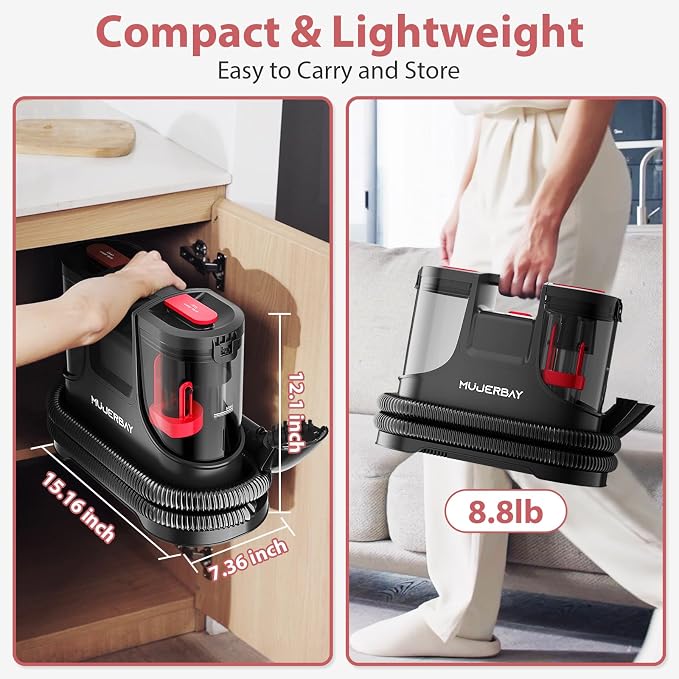 Upholstery Carpet Cleaner, MUJERBAY 15Kpa Portable Spot and Stain Cleaner Shampooer, Easy Move with Handle, 1.5-inch Deep Cleaning Machine for Couch, Stairs, Car and Pet Messes. (Black)