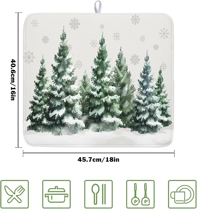 Christmas Dish Drying Mat 16x18 Inch Xmas Forest Tree Absorbent Dish Drainer Protector Pad Winter Holiday Microfiber Drying Mats Absorbent Reversible Dish Pad Kitchen Accessories for Countertop