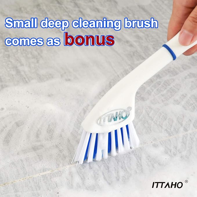 Floor Scrub Brush with Long Handle, 2 in 1 Deck Scrub Brush, Stiff Bristle Scrub Broom & Cleaning Brush for Tile Floor,Deck,Patio,Marble,Garage,Wall, Kitchen,Bathroom