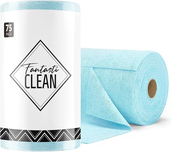 Fantasticlean Microfiber Cleaning Cloth Roll- 75 Sheets, 12" x 12" (Blue) | Super Absorbent, Lint-free, Tear-away Microfiber Towel Roll, for All-Purpose Cleaning, Reusable Alternative to Paper Towels