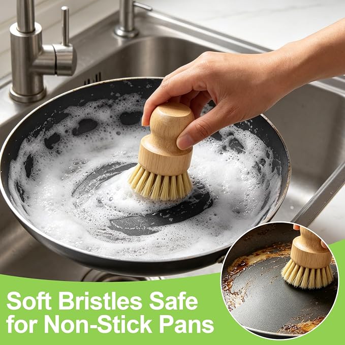4 Pack Bamboo Dish Brush Set with Holder, 2 Sisal Dish Brushes & 1 Palm Scrub Brush, Natural Kitchen Scrub Brush for Dishes, Pots, Pans, Sink