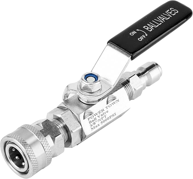 POWER TOWN Ball Valve Pressure Washer, 3/8 Inch Quick Connect 5000 PSI | Shut Off Valve for High Pressure Washer Hose, Stainless Steel