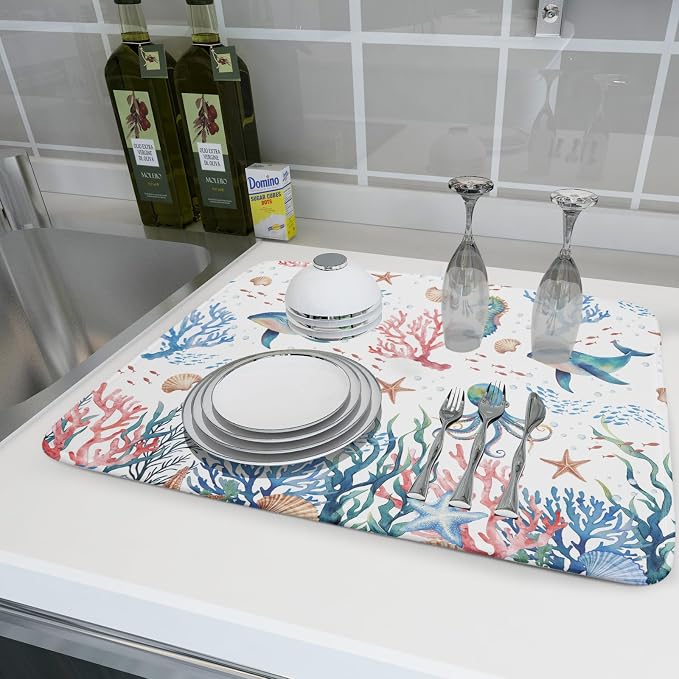 Giwawa Coastal Ocean Dish Drying Mat Seahorse Whales Drainer Rack Mats 18"x24" Absorbent Microfiber Dish Drying Pad Protector for Kitchen Counter