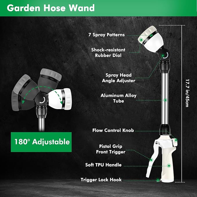 RESTMO Heavy Duty Metal Hose Wand, Watering Wand for Garden Hose | 180° Swivel Ratcheting Head, 16'' Hose Sprayer, 7 Spray Patterns, Flow Control, Ideal for Hanging Baskets & Shrubs, White