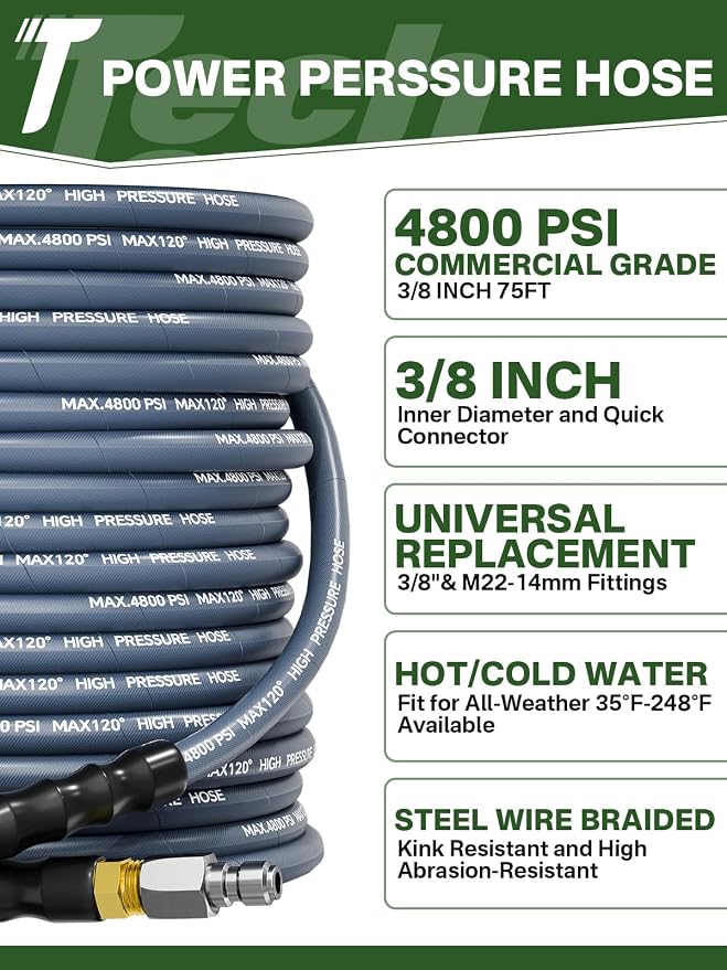 3/8" 4800PSI Pressure Washer Hose 75FT Swivel Quick Connect | Power Washer Hose for Cold/Hot Water Max 248°F, Kink Resistant Steel Wire Braided, Wear Resistant with M22 14mm Adapter