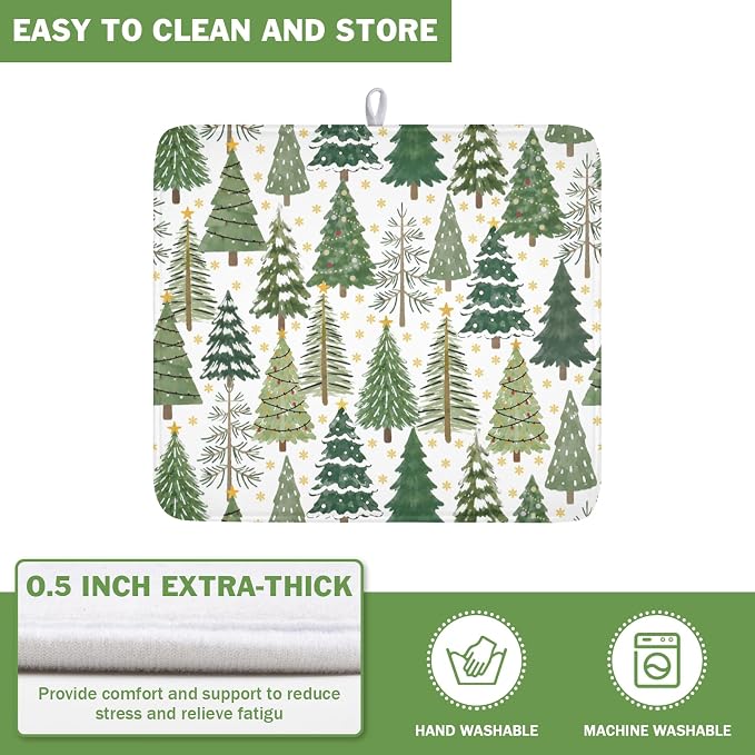 Christmas Dish Drying Mat 16x18 Inch Green Xmas Tree Winter Snowflake | Polyester，Absorbent Microfiber，for Kitchen Coffee Dining Bar Decor