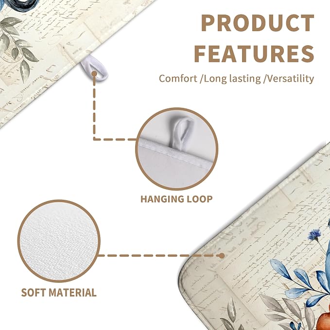 Fall Blue White Pumpkin Dish Drying Mats Thanksgiving Leaves Dish Mat Drying Matt Autumn Floral Dishes Dryer Pad for Kitchen Counter Absorbent Microfiber Washable Foldable Reusable 18x24 in