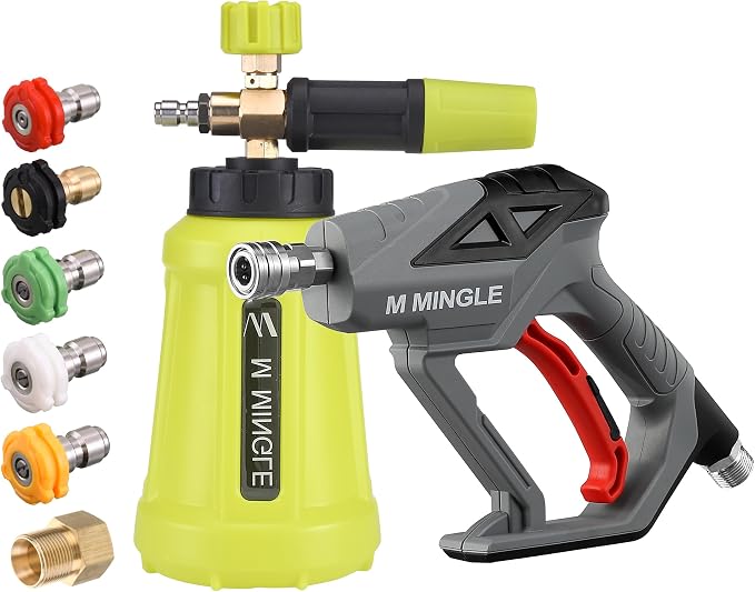 M MINGLE High Pressure Washer Gun Snow Foam Lance, 4000 PSI, 1 Liter | Foam Blaster with 1/4" Quick Connector, Car Wash Foam Cannon Kit with 5 Nozzle Tips & M22 Adapter, Generates Thick Foam