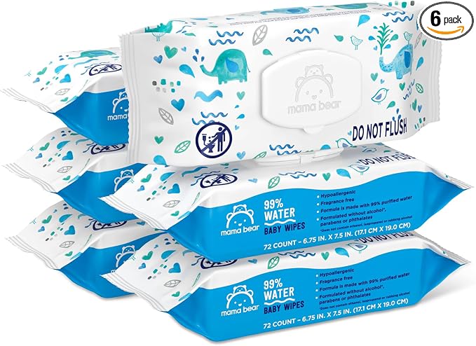 Amazon Brand - Mama Bear 99% Water Baby Wipes, Hypoallergenic, Fragrance Free,72 Count (Pack of 6)