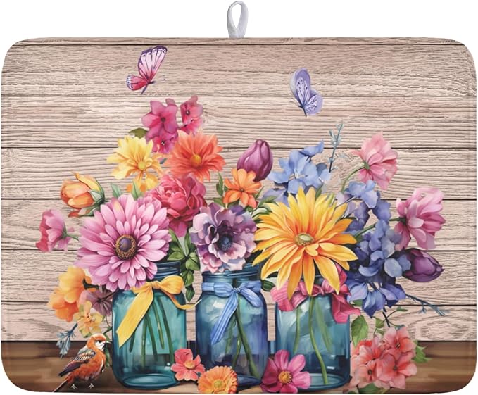 Purple Floral Wooden Board Dish Drying Mat 18x24 Inch | Vases，Vintage，Polyester，Absorbent Microfiber，for Kitchen Coffee Dining Bar Decor