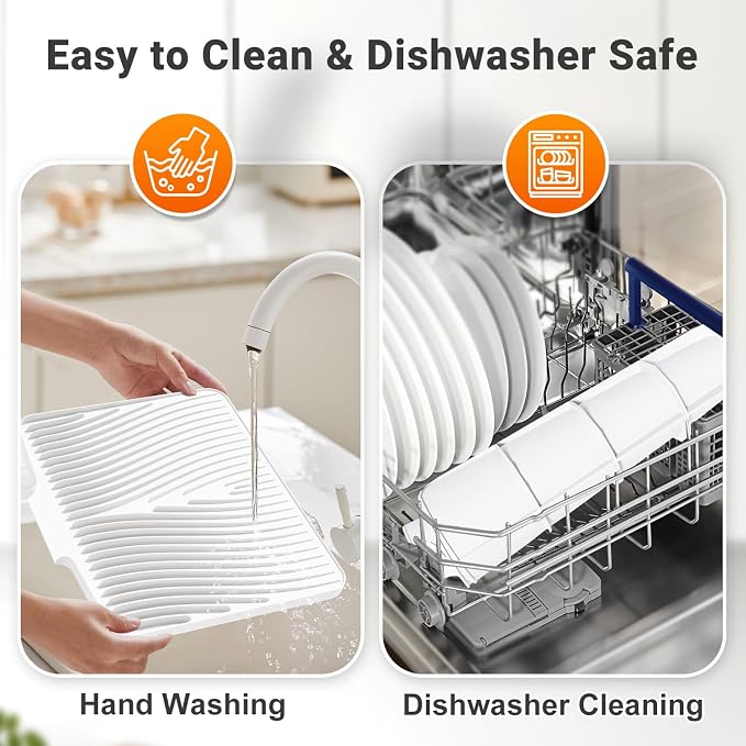 Silicone Dish Drying Mat for Kitchen counter, 19.7"x17" Extra Large Non-Slip Drain Pad with Built-in Drainage, Heat Resistant Dishwasher Safe, Ivory