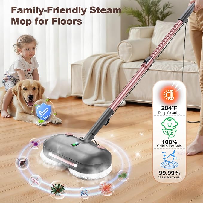 Scrub & Steam Mop with Rotating Mop Pads, Scrubbing and Sanitizing Floor Cleaner, XL Water Tank, 23FT Cord, LED Headlights, Reusable Pads & Self-Standing for Hard Floor/Laminate/Marble