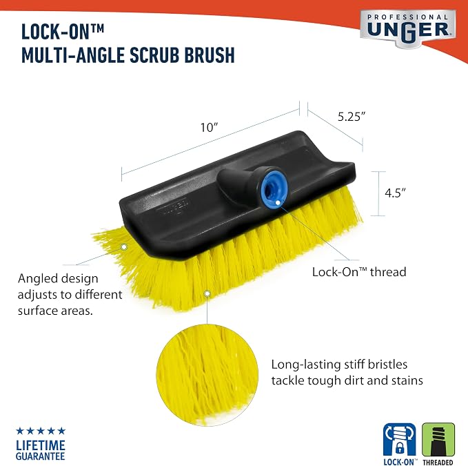Unger Professional Hydropower Lock-On 10” Bi-Level Scrub Brush, Cleaning Supplies, Scrubber Tool, Compatible with Waterflow Poles, Use in Garage, Driveway, Deck, Concrete, Cement, & Brick(Pack of 12)