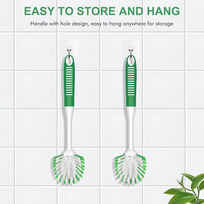 SetSail Dish Brush with Handle, 3 Pack Stiff Bristles Dish Scrubber with Built-in Scraper Dish Scrub Brushes for Cleaning Dishes, Pots and Pans, Kitchen Sink, Green