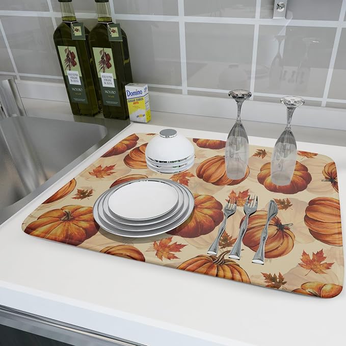 Fall Dish Drying Mat for Kitchen Counter Watercolor Pumpkin Festival Microfiber Absorbent Dish Draining Reusable Washable Foldable Extra Large 18"x24"