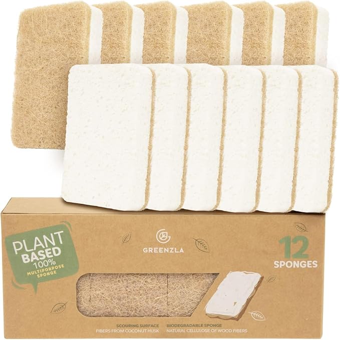 GREENZLA 12 Pack Kitchen Sponges | Non-Scratch Hemp & Sisal | Dual-sided: scrubbing + absorbent cellulose | Odor-resistant | Biodegradable | Dishes, sinks & bathtubs