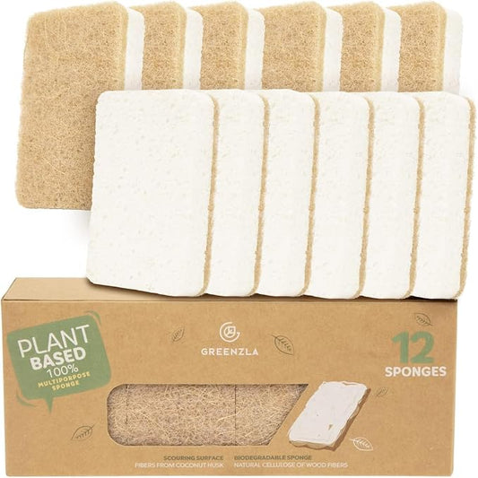 GREENZLA 12 Pack Kitchen Sponges | Non-Scratch Hemp & Sisal | Dual-sided: scrubbing + absorbent cellulose | Odor-resistant | Biodegradable | Dishes, sinks & bathtubs