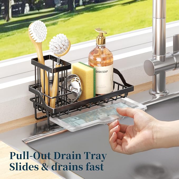 Consumest Sponge Holder for Kitchen Sink - Kitchen Sink Caddy Organizer with Removable Drip Tray for Countertop Dish Soap Dispenser Brush Storage Accessories 304 Stainless Steel - Black