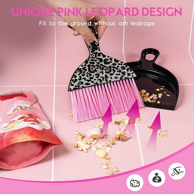 THINKLEARN 2PCS Small Dust Pan and Brush Set, Mini Broom Dustpan Kit | Portable Brush Dustpan Combo Set, Pink Leopard Print Design, Compact Cleaning Supplies