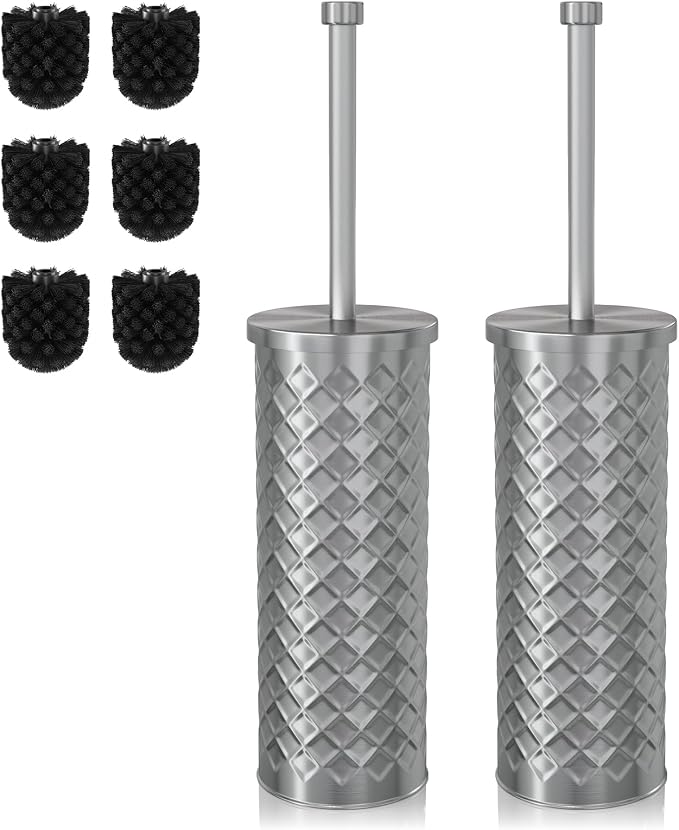 Toilet Bowl Brush and Holder Set 2 Pack with 4 Extra Brush Heads | Extra Long Handle with Splash Guard Cover, Tool-Free Installation, Bathroom Space-Saving, Cleaner Sets for Apartments, RV (Silver)