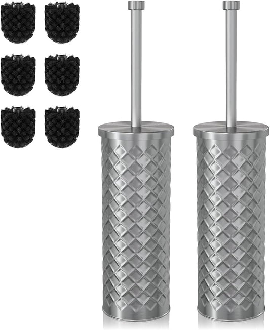 Toilet Bowl Brush and Holder Set 2 Pack with 4 Extra Brush Heads | Extra Long Handle with Splash Guard Cover, Tool-Free Installation, Bathroom Space-Saving, Cleaner Sets for Apartments, RV (Silver)