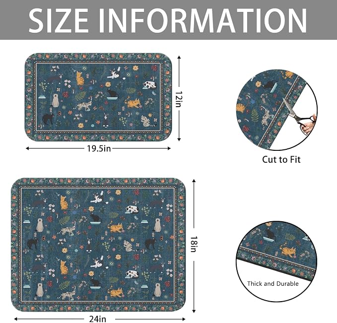 Dish Drying Mat 2-Pack in Vintage Cat Floral for Kitchen Counter Dishes Mat | Diatom Mud Mats (18x24, 19.5x12"). Non-slip rubber back for kitchen counter, coffee bar & sink scenes