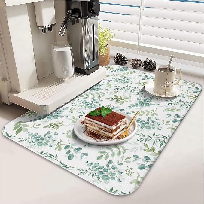 Dish Drying Mat 2-Pack in Green Leaves for Kitchen Counter Dishes Mat | Diatom Mud Mats (18x24, 19.5x12"). Non-slip rubber back for kitchen counter, coffee bar & sink scenes