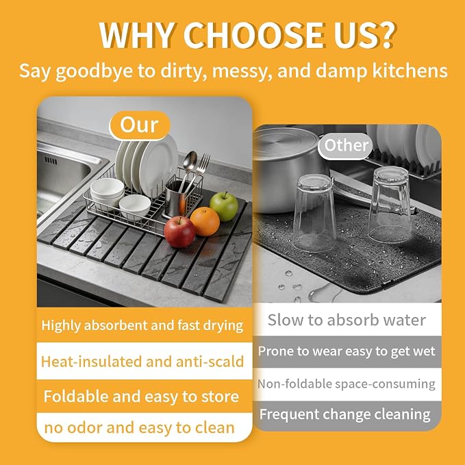 Stone Dish Drying Mat for Kitchen Counter, 24"×16" Quick Dry Stone Dishes Mat, Foldable Water Absorbing Diatomaceous Earth Drying Mats with Non-Slip Heat-Resistant Base for Dishes Utensils(Dark Gray)
