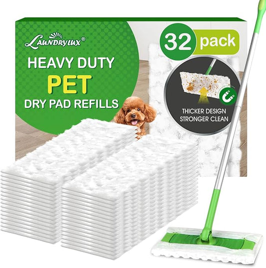 LAUNDRYLUX Heavy Duty Dry Sweeping Cloths Refills Compatible with Swiffer Sweeper, Multi Surface Pet Dry Pads Refill, Floor Cleaner for Dust, Hair, Dirt, Disposable Duster Mop Pad - 32 Count
