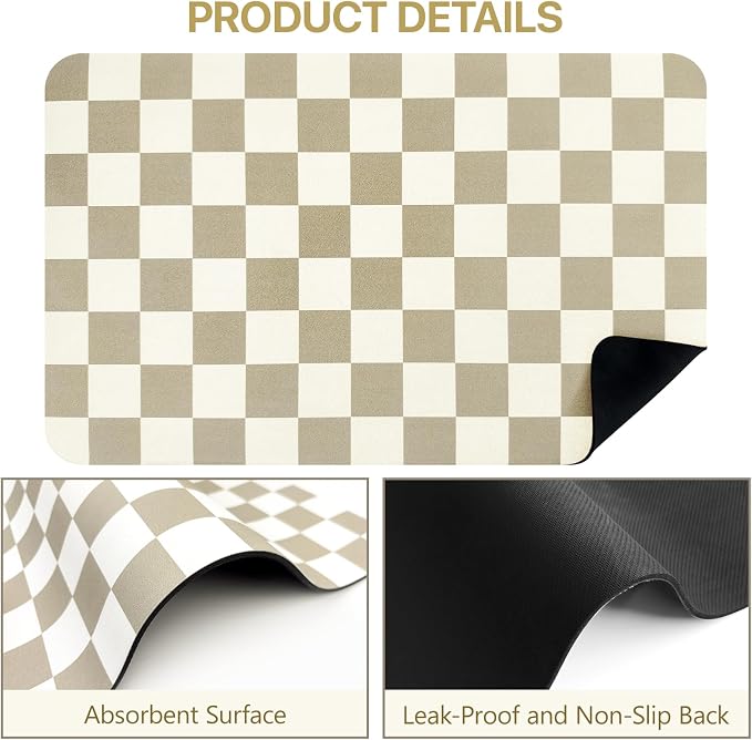 Dish Mat Drying Kitchen Mat, ,16"x 24" Super Absorbent Kitchen Dish Drying Pad for Countertop, Easy to Clean Drainer Mats with Non-slip Rubber Backed for Kitchen Counter, Beige Checkered