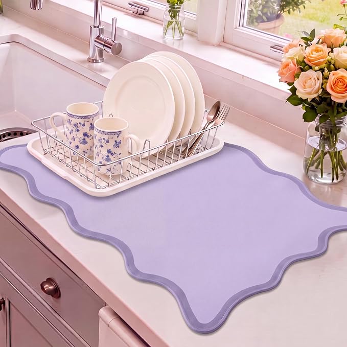 Nuanchu Purple Scalloped Coffee Mat 12" x 19" Coffee Bar Accessories Cute Dish Drying Mat for Kitchen Counter Aesthetic Waterproof Coquette Drainer Pad