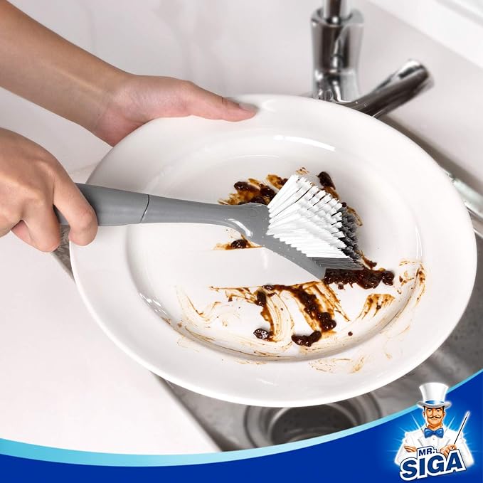 MR.SIGA Dish Brush with Non Slip Handle Built-in Scraper, Scrub Brush for Dish, Pans, Pots, Kitchen Sink Cleaning, 2 Pack