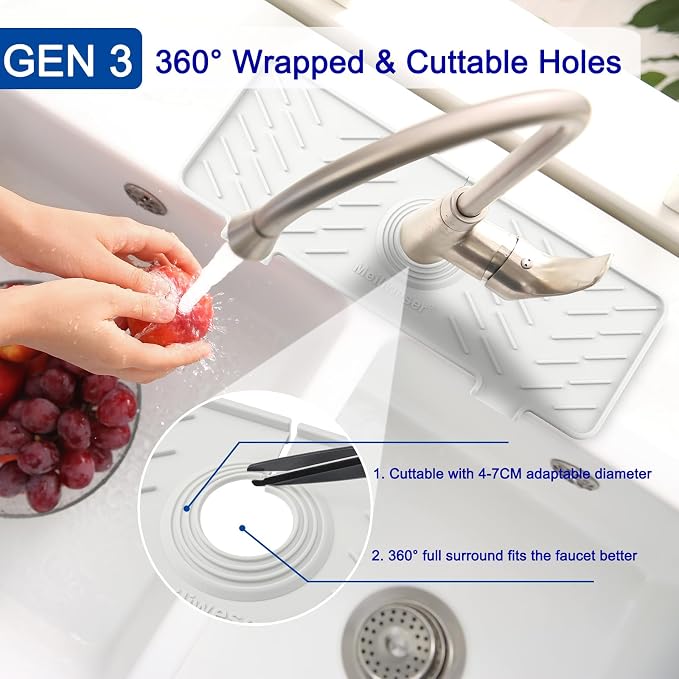 Silicone Faucet Mat for Kitchen Sink – Gen 3 10° Slope Splash Guard with Cuttable Hole – 14” x 5.5” Drip Catcher & Sponge Holder for Kitchen, Bathroom (White)