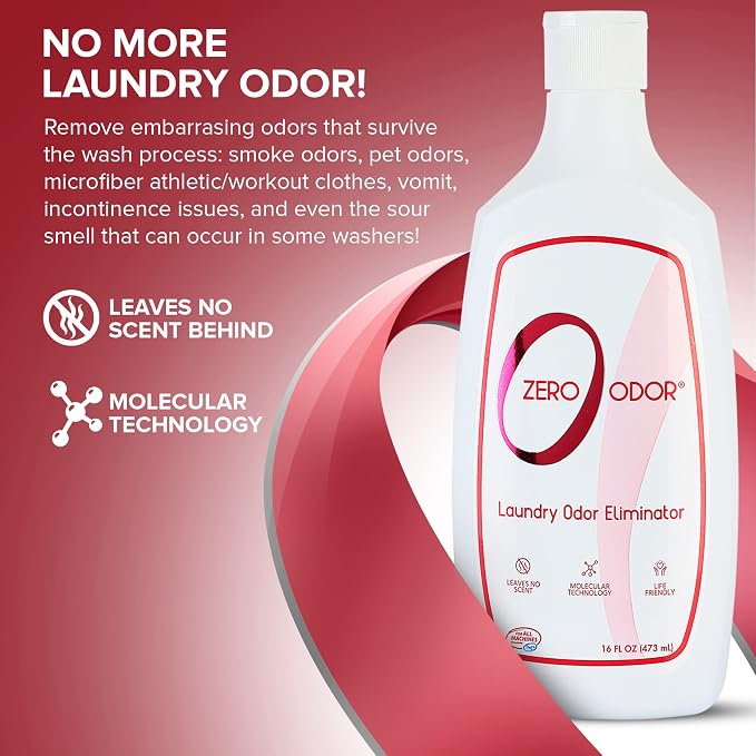 Zero Odor Laundry Odor Eliminator — Unscented In-Wash Additive for Clothes, Towels & Linens — HE Compatible, Works With Your Detergent, 16 oz