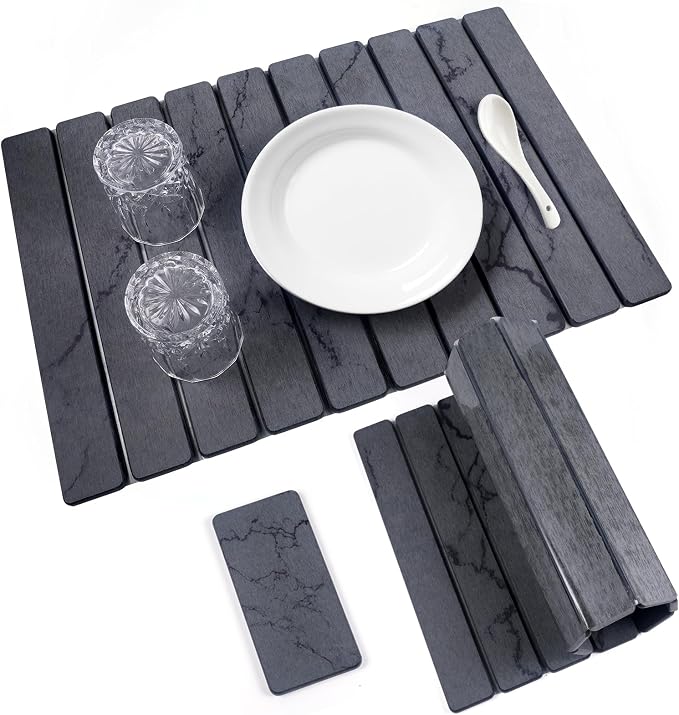 2 PCS Quick Dry Stone Dishes Mats for Kitchen Counter,Collapsible Quick Drying Dish Mats,Ultra Absorbent Diatomaceous Earth Mats for Dishes Bottles Cups, Match Any Countertop（Gray 24"×16"& 8"x4"）