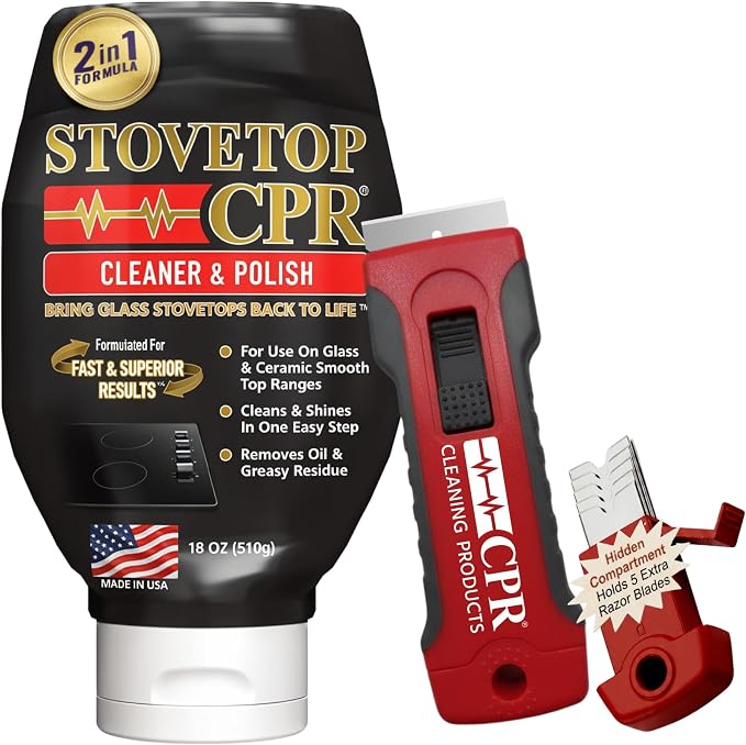 Stovetop CPR 2-in-1 Glass Stovetop Cleaner and Glass Polish(18oz) + Scrapper Blade-Ceramic Top Stove Cleaner, Oven Top, Cooktop, Electric Stove Ceramic