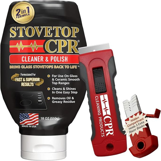 Stovetop CPR 2-in-1 Glass Stovetop Cleaner and Glass Polish(18oz) + Scrapper Blade-Ceramic Top Stove Cleaner, Oven Top, Cooktop, Electric Stove Ceramic