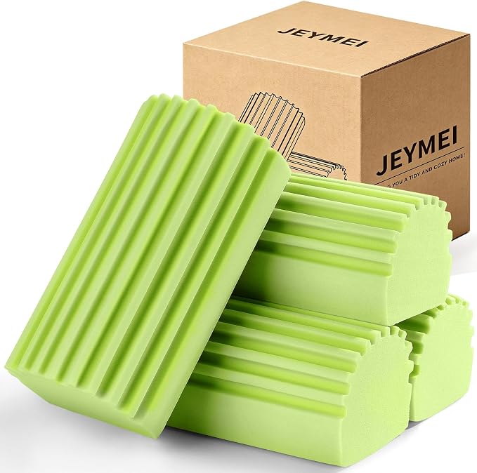 Jeymei Damp Clean Duster Sponge,4Pcs Green Dust Sponge for Cleaning | Damp Dusting Sponge with Ridges,Baseboard Cleaning Tool,Reusable Wet Duster Sponge,Household Cleaning Sponges for Blinds