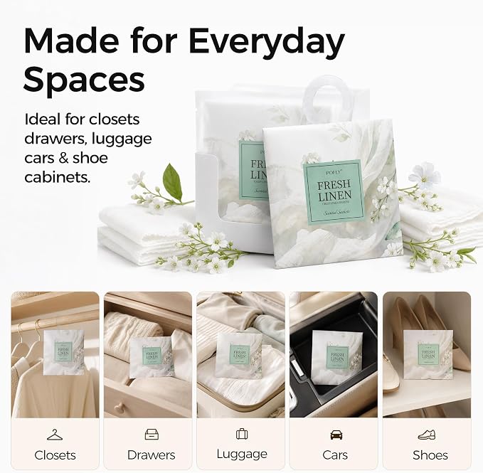 12 Pack Fresh Linen Scented Sachets, Air Freshener for Small Spaces | Hanging Sachet Bags with Retractable Hook; Closet Deodorizer & Odor Eliminator for Drawers, Shoe Cabinets, Cars & Luggage