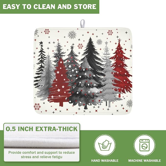 Christmas Gray Red Tree Dish Drying Mat 16x18 Inch Xmas Snowflake | Winter，Polyester，Absorbent Microfiber，for Kitchen Coffee Dining Bar Decor