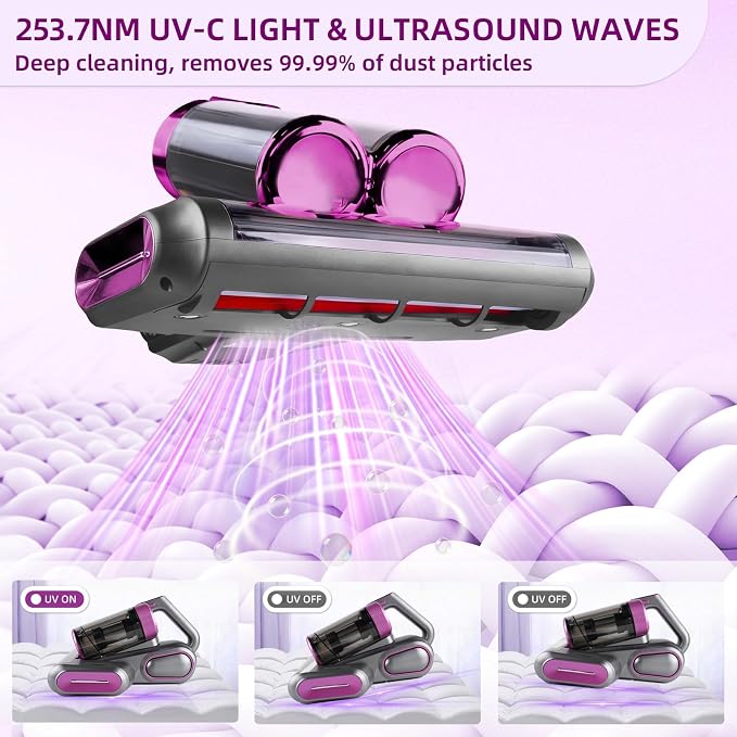 Cordless Mattress Vacuum Cleaner with 253.7nm UV-C Light, Purple | 16Kpa Handheld Bed Vacuum Ultrasonic, Widened Suction, Low Noise, HEPA Filtration for Mattress Sofa Couch Pet Hair