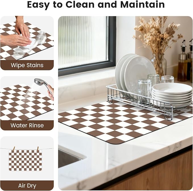 Checkered Dish Mat for Kitchen Coffee Station, 12" x 20"Coffee Brown | Quick Drying & Absorbent Mat for Coffee Bar Espresso Machine Countertops Accessories