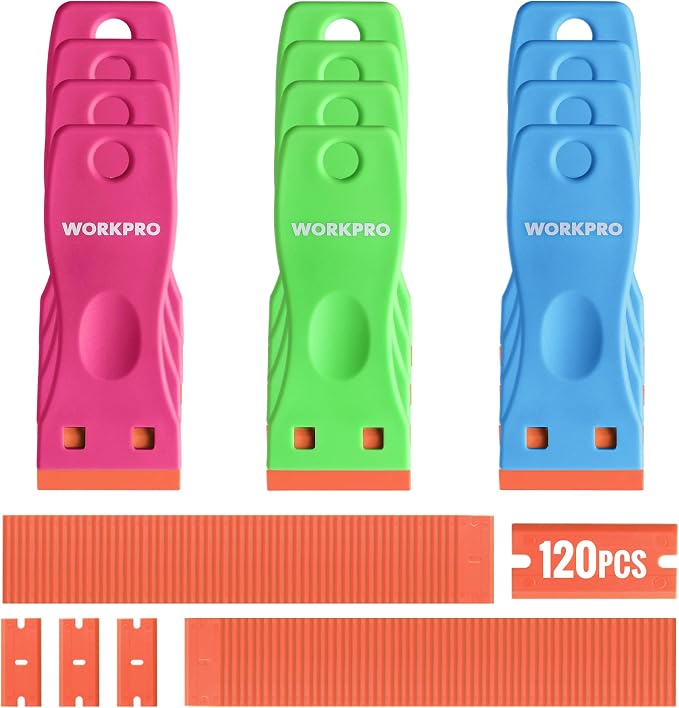 WORKPRO Plastic Razor Blade Scraper Kit, 12 Scrapers with 120 Blades | Plastic Blade Design, Easy Replacement, Multi-Surface Cleaning for Windows, Glass, Appliances, DIY and Home Projects
