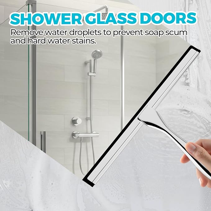 ALFLOD 12" Shower Squeegee for Glass Doors, Tile Walls, Car Windows, Silver | Bathroom accessories, new home essentials, silicone blade, metal handle, adhesive hook, household tool, multipurpose cleaner