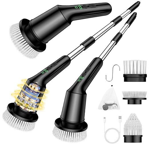 Electric Spin Scrubber for Cleaning Bathroom, Shower Scrubber with IPX7 Waterproof & 2 Speed, 3 Brush Heads, Abrasive Flat End Brushes, Bathroom Cleaning Supplies for Toilet Shower Tub Black