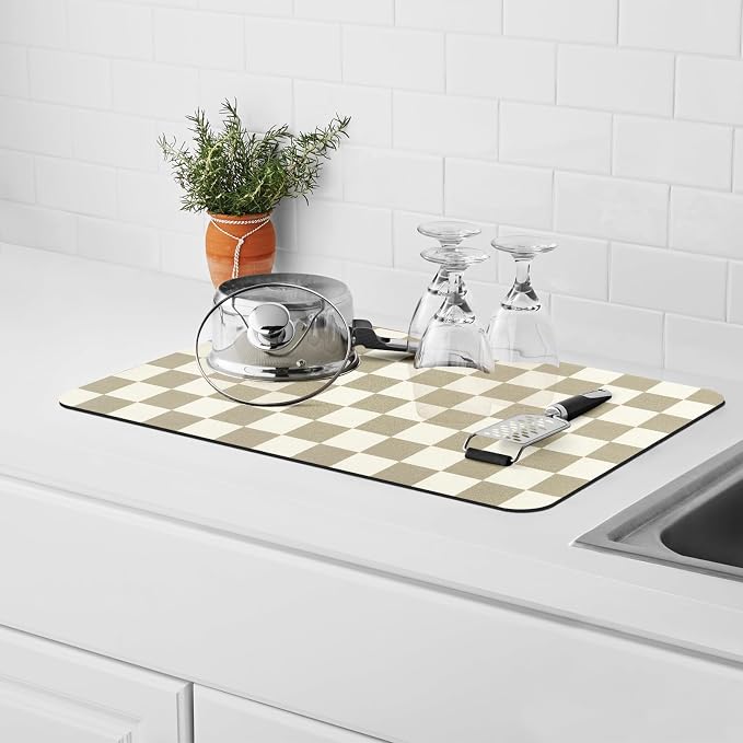 Dish Drying Mat for Kitchen Counter,11.8"x 18.9" Super Absorbent Kitchen Dish Drying Pad, Coffee Bar Mat with Rubber Backed, Coffee Bar Accessories for Countertop,Beige Checkered